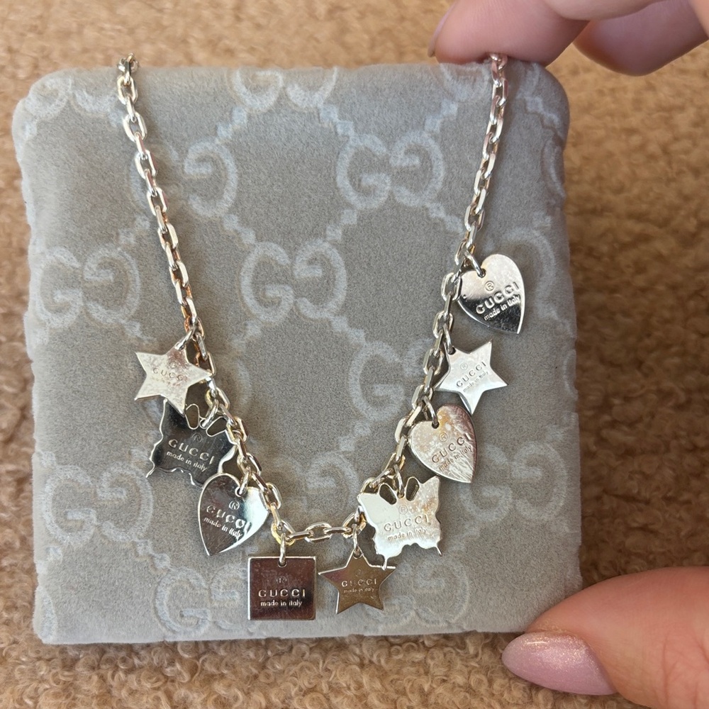 Gucci Silver Multi Charm Necklace with Hearts, Stars & Tag Charms